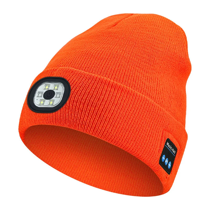 Wireless Bluetooth Musicial Hats, Rechargeble Washable 6 LED Head Lamp Beanie Hats, Winter Warm Knitted Solid Caps For Night