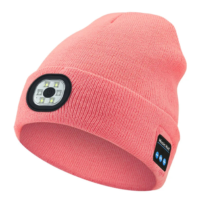 Wireless Bluetooth Musicial Hats, Rechargeble Washable 6 LED Head Lamp Beanie Hats, Winter Warm Knitted Solid Caps For Night