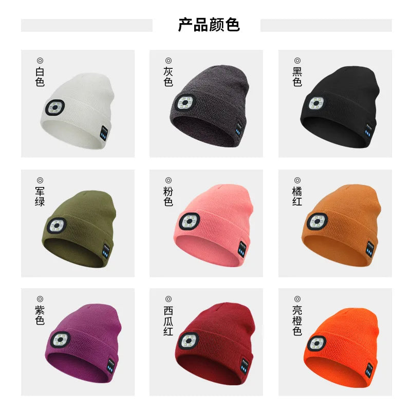 Wireless Bluetooth Musicial Hats, Rechargeble Washable 6 LED Head Lamp Beanie Hats, Winter Warm Knitted Solid Caps For Night