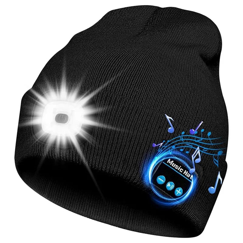 Wireless Bluetooth Musicial Hats, Rechargeble Washable 6 LED Head Lamp Beanie Hats, Winter Warm Knitted Solid Caps For Night