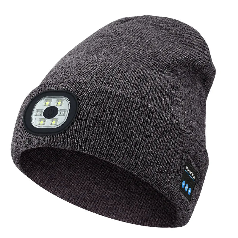 Wireless Bluetooth Musicial Hats, Rechargeble Washable 6 LED Head Lamp Beanie Hats, Winter Warm Knitted Solid Caps For Night