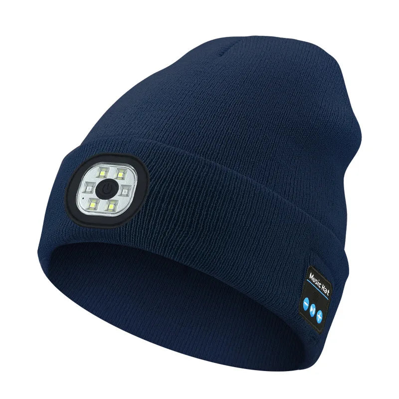 Wireless Bluetooth Musicial Hats, Rechargeble Washable 6 LED Head Lamp Beanie Hats, Winter Warm Knitted Solid Caps For Night