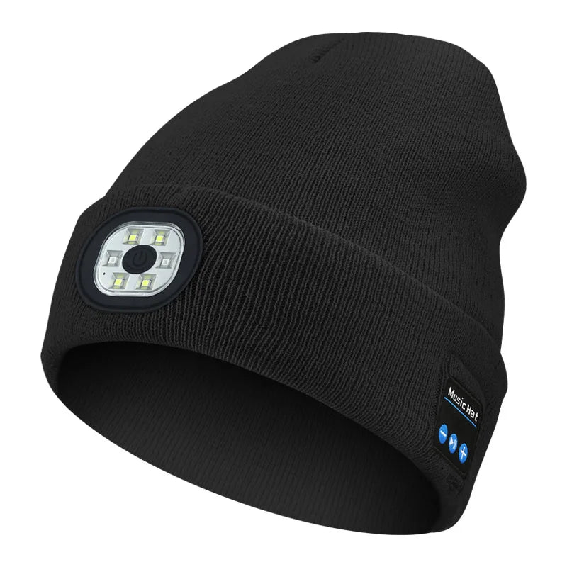 Wireless Bluetooth Musicial Hats, Rechargeble Washable 6 LED Head Lamp Beanie Hats, Winter Warm Knitted Solid Caps For Night